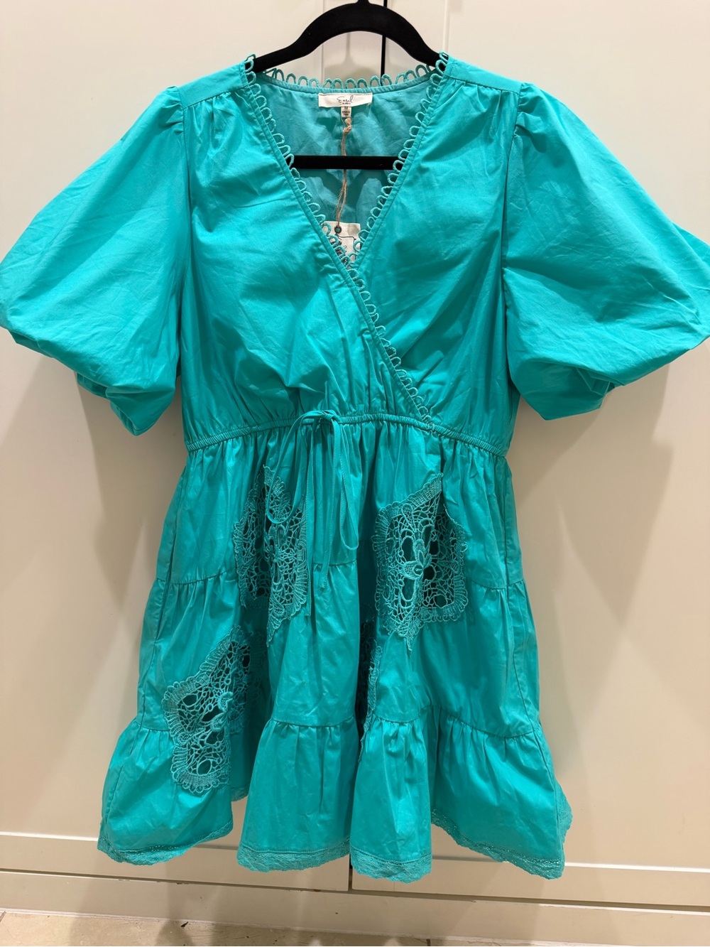 easel Turquoise Lace-Trim Puff Sleeve Mini Dress